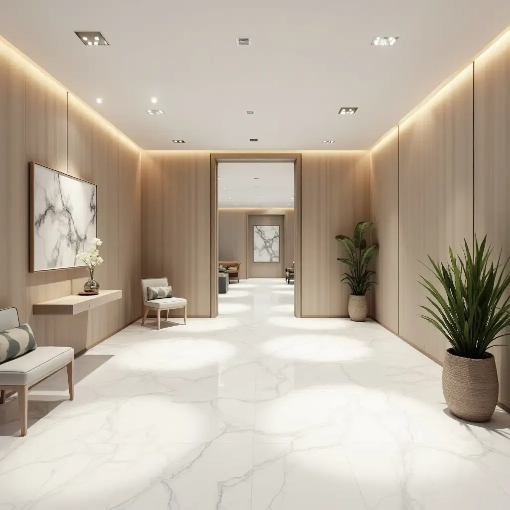 a photo of a bright basement with marble flooring and decor