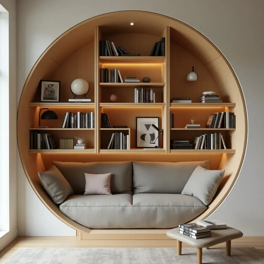 a photo of a dreamy moon-shaped bookshelf filled with books