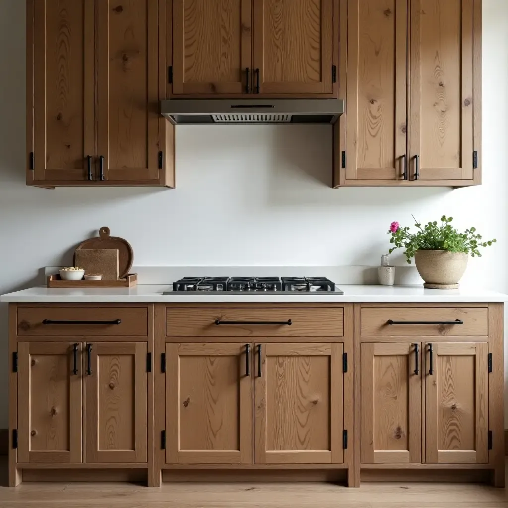 a photo of a kitchen with reclaimed wood cabinets and vintage hardware