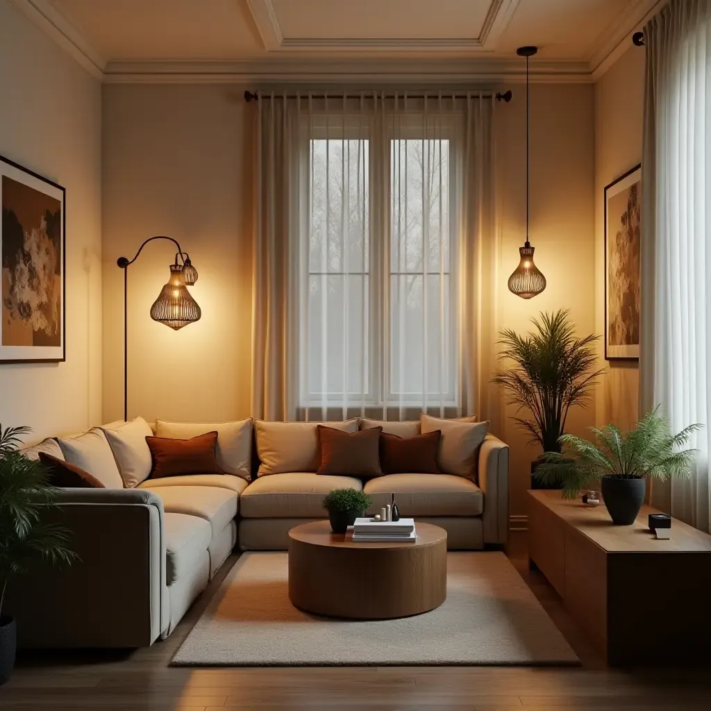 a photo of a small living room with artistic light fixtures