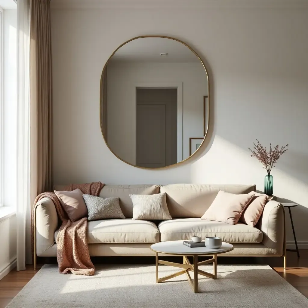 a photo of a living room with a statement mirror reflecting light