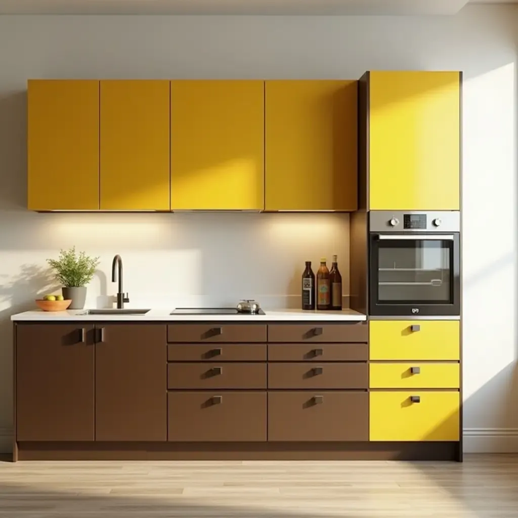 a photo of bright yellow and dark brown cabinets in a contemporary kitchen