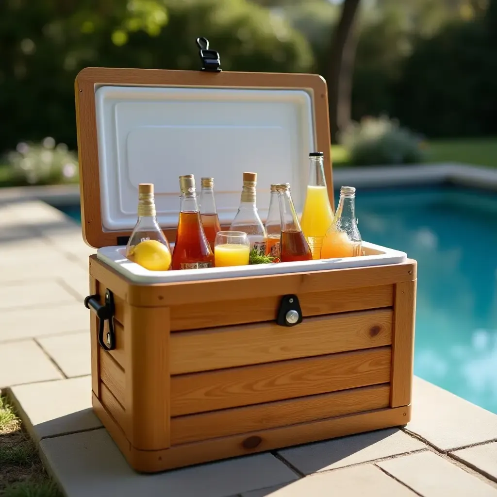 a photo of a wooden cooler filled with drinks beside the pool