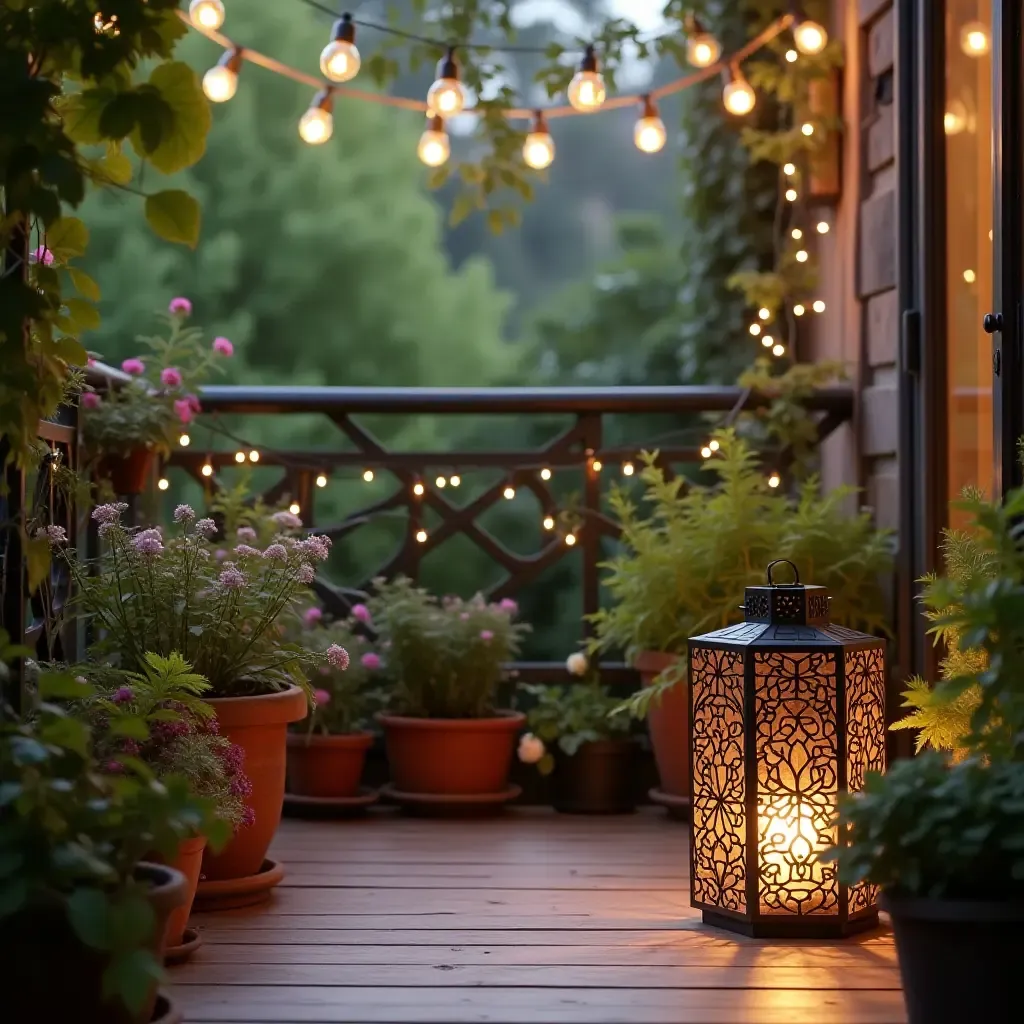 a photo of a small balcony decorated with garden lanterns and plants