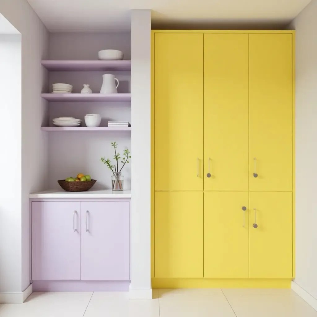 a photo of muted lavender and bright yellow cabinets for a playful touch