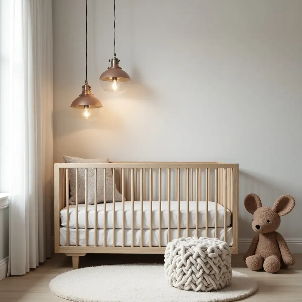 a photo of a nursery featuring industrial light fixtures and soft textiles