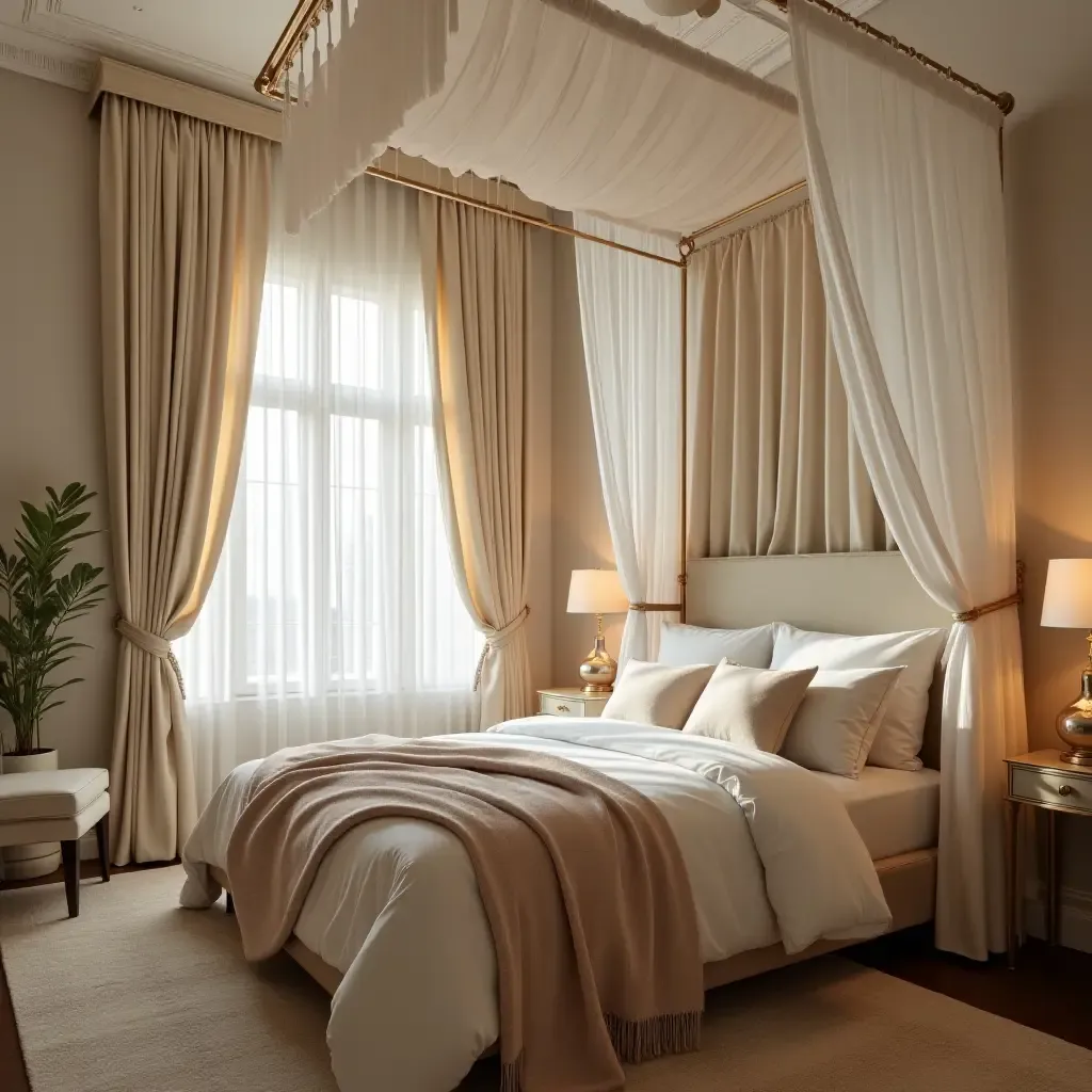 a photo of a charming bedroom with a canopy bed and sheer drapes