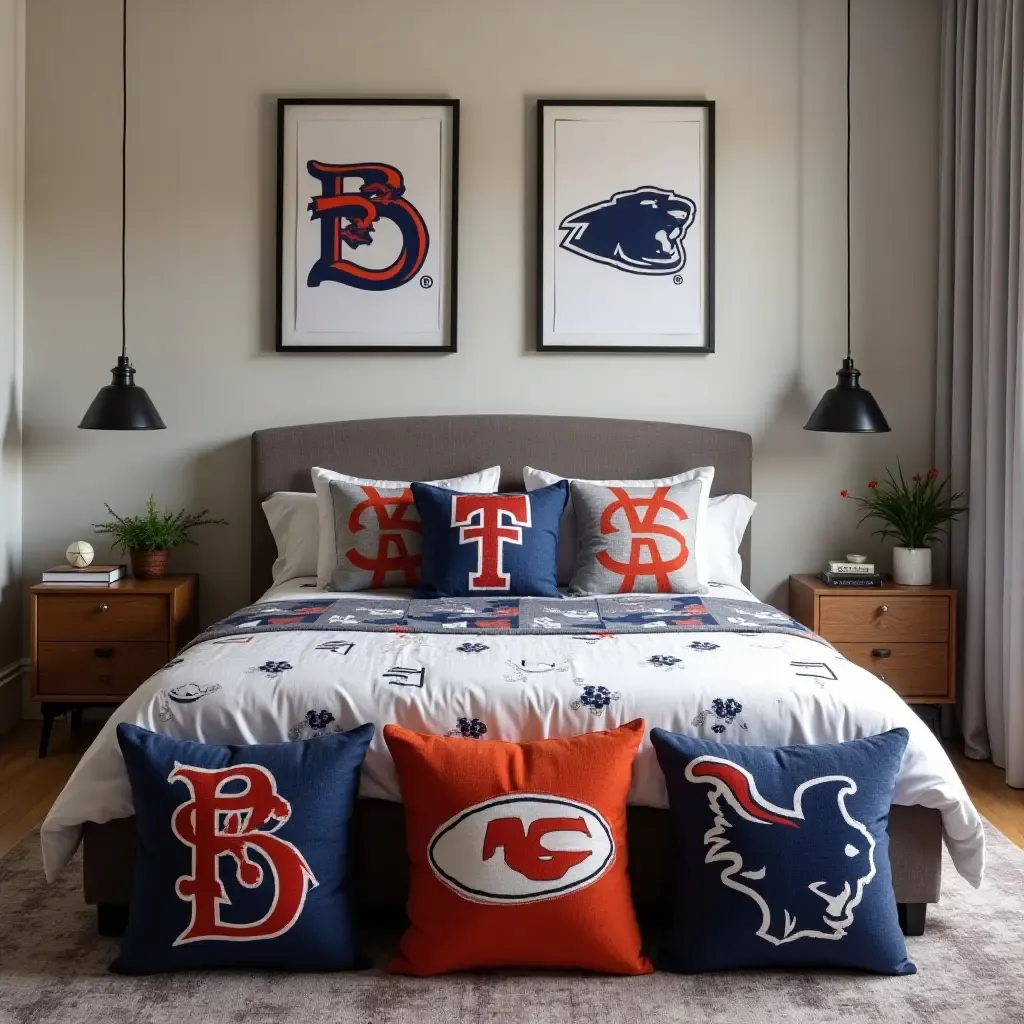 a photo of a sporty teen room with throw pillows featuring team logos