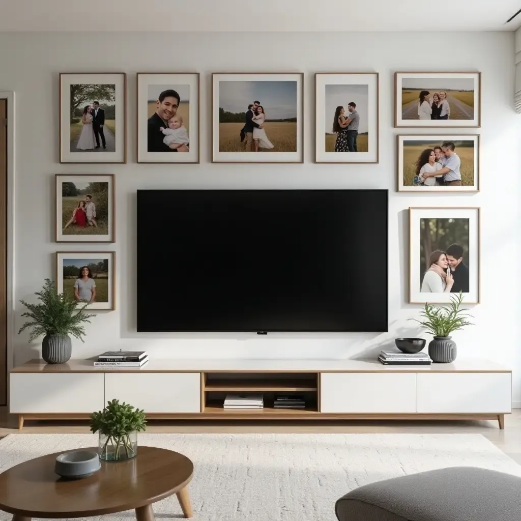 a photo of a contemporary TV room featuring a gallery wall of family photos