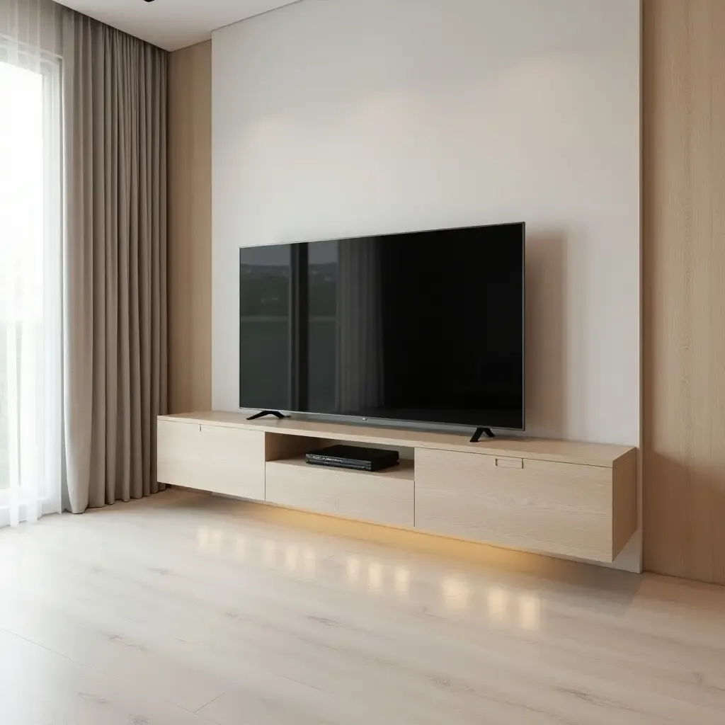 a photo of a sleek Scandinavian TV room with light wood and neutral tones