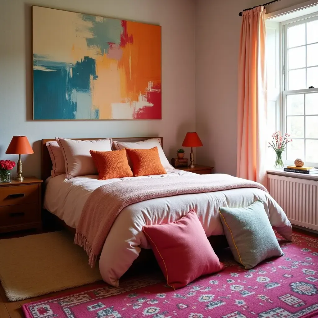 a photo of a vibrant bedroom adorned with colorful throw pillows and rugs