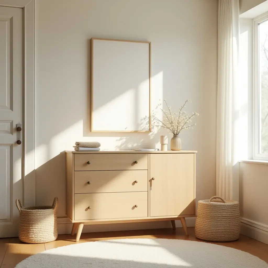 a photo of a serene nursery with a vintage dresser and warm, natural lighting