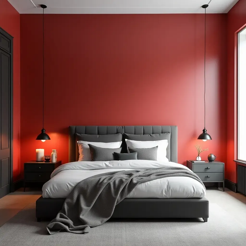 a photo of a chic monochrome bedroom with pops of bright red