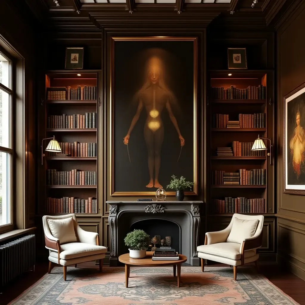 a photo of an elegant library with gold-framed mirrors and art