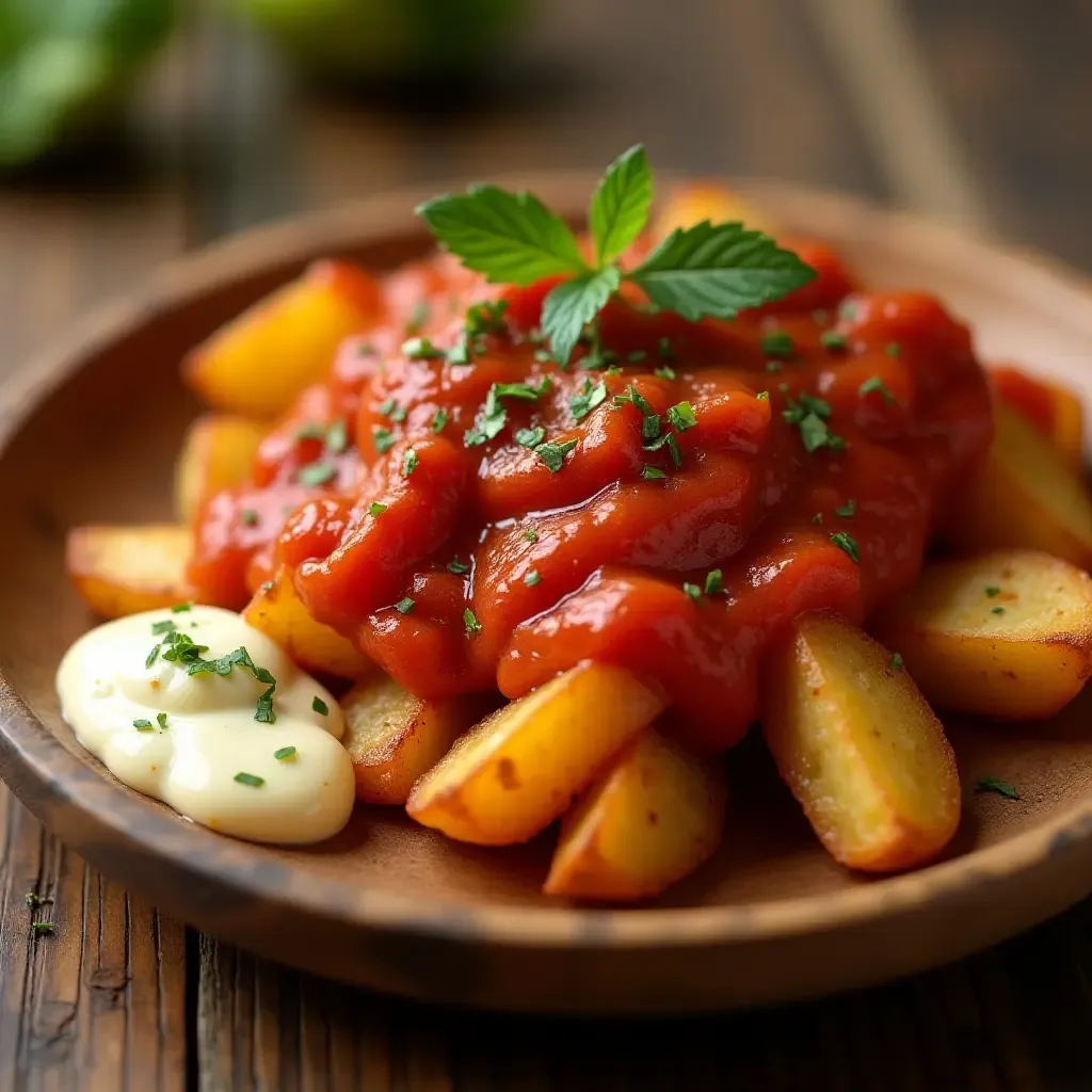 a photo of patatas bravas with spicy tomato sauce and aioli on a wooden plate