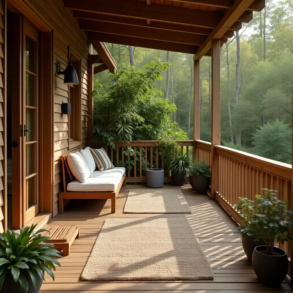 a photo of a balcony featuring wooden flooring and outdoor rugs