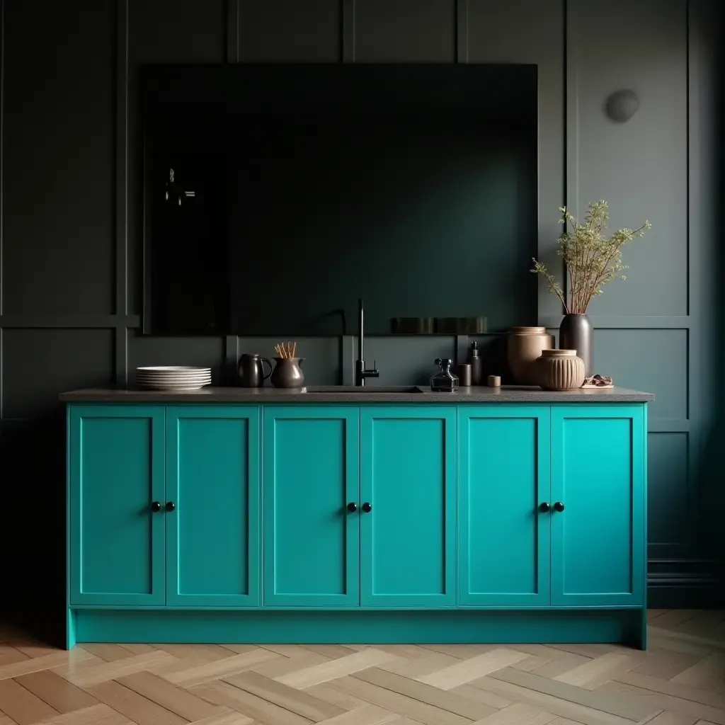 a photo of bold black and bright turquoise cabinets for a striking look