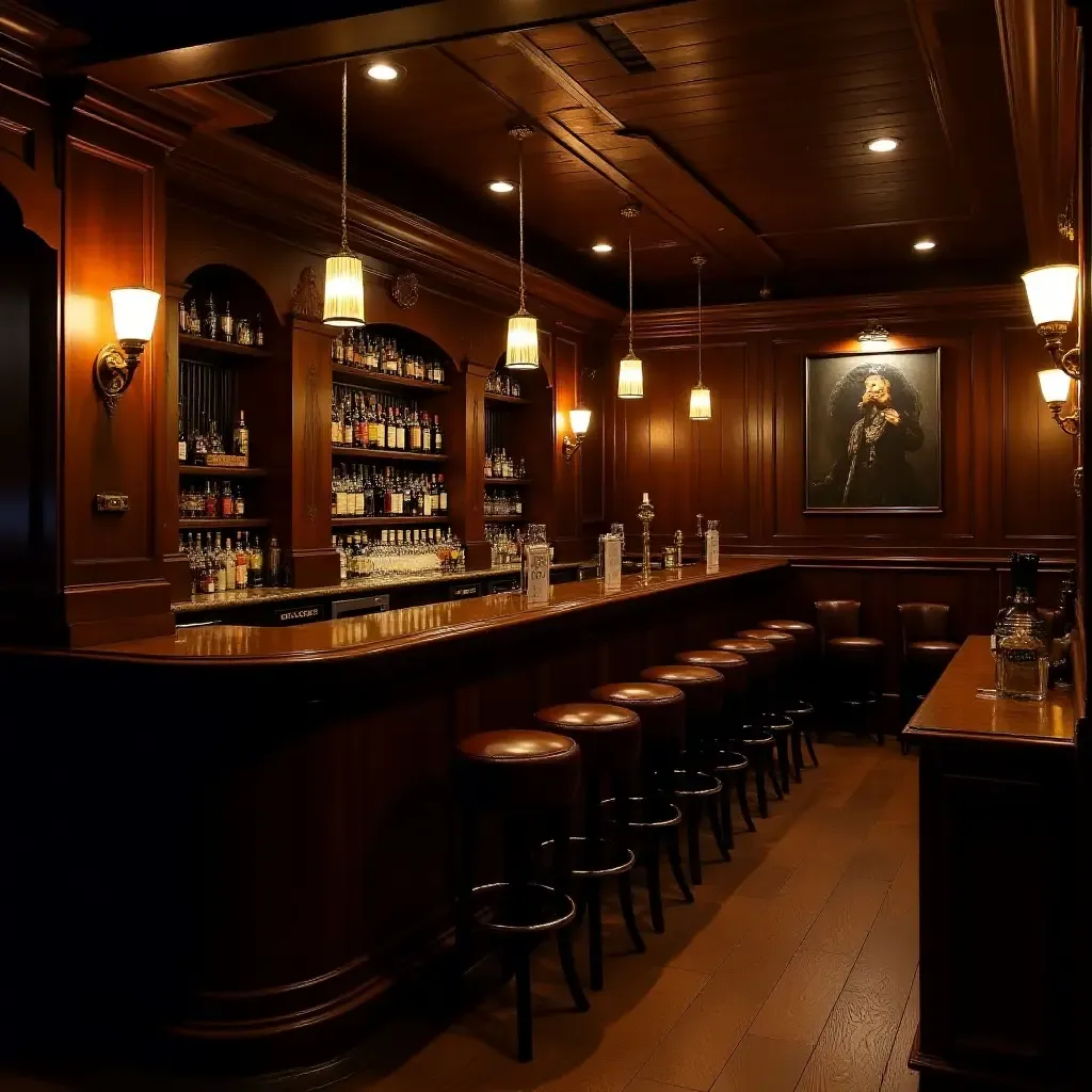 a photo of a cozy Irish pub-style basement bar with dark wood and brass fixtures