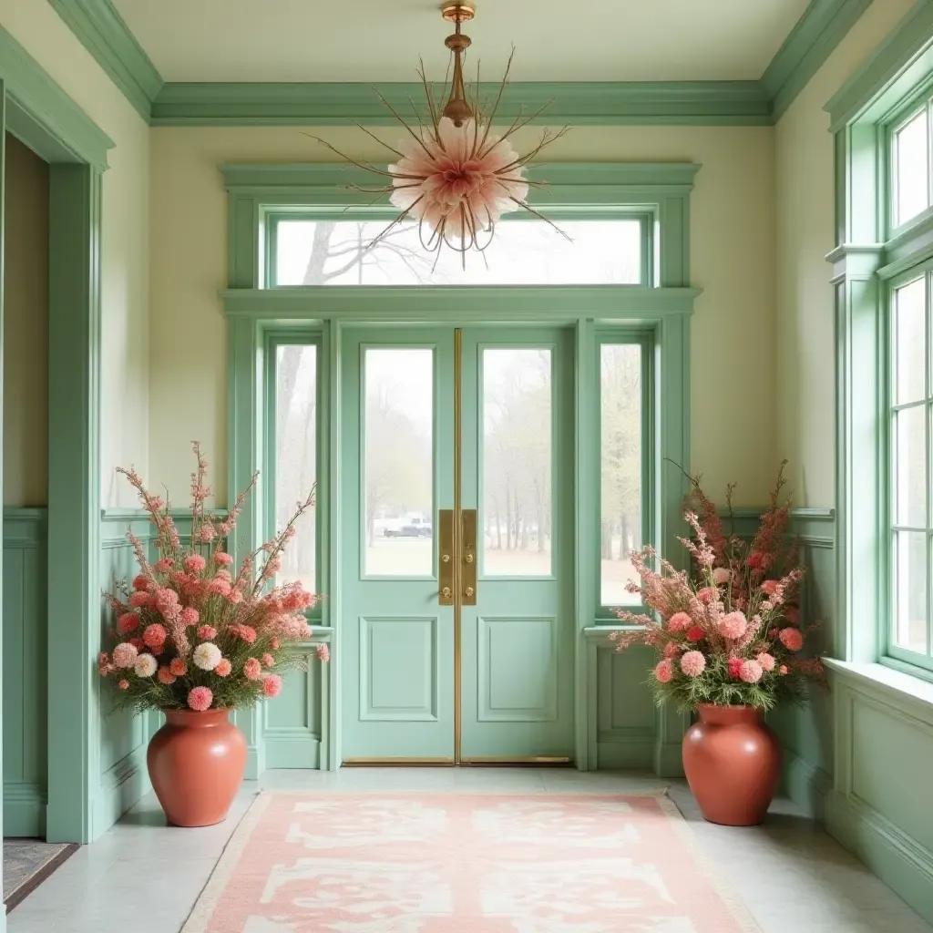 a photo of a fresh mint and coral entrance hall with floral arrangements