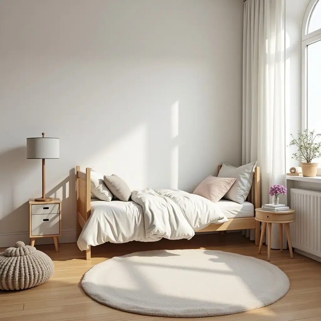 a photo of a serene kids&#x27; bedroom with wooden flooring and rugs