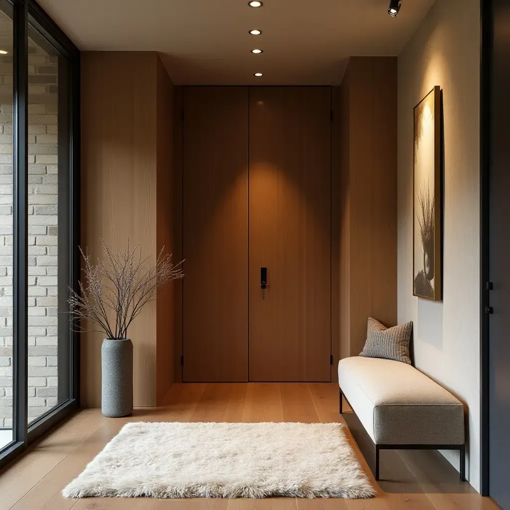 a photo of a cozy entrance hall combining plush fabric, warm wood, and cool metal