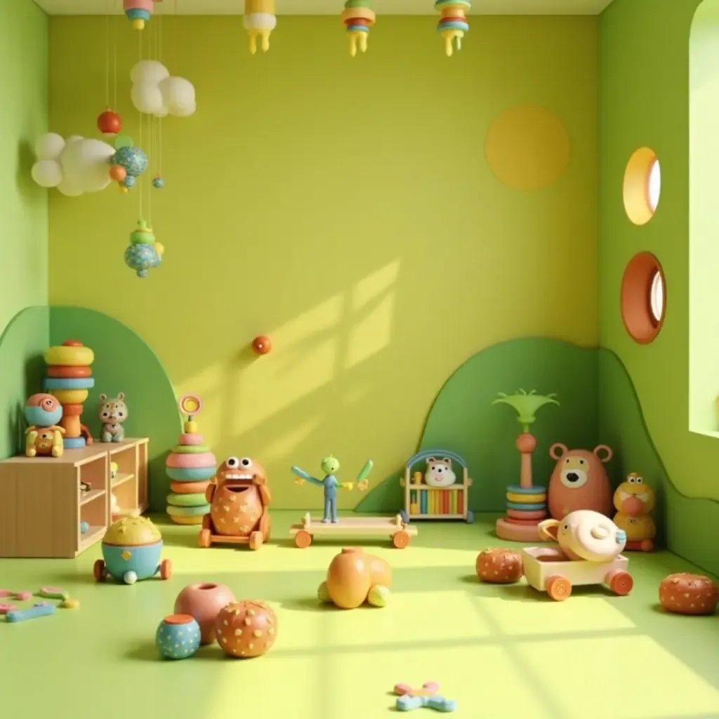 a photo of a lively green and yellow playroom with interactive toys