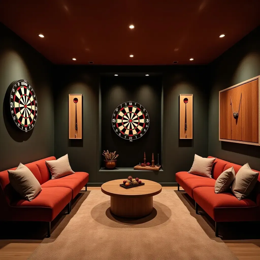 a photo of a basement game area with a darts board and seating