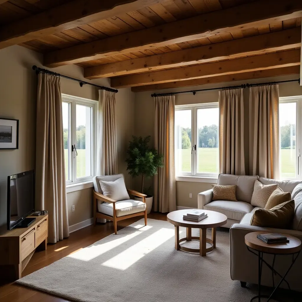 a photo of a cozy basement with fabric curtains, wooden beams, and metal accents