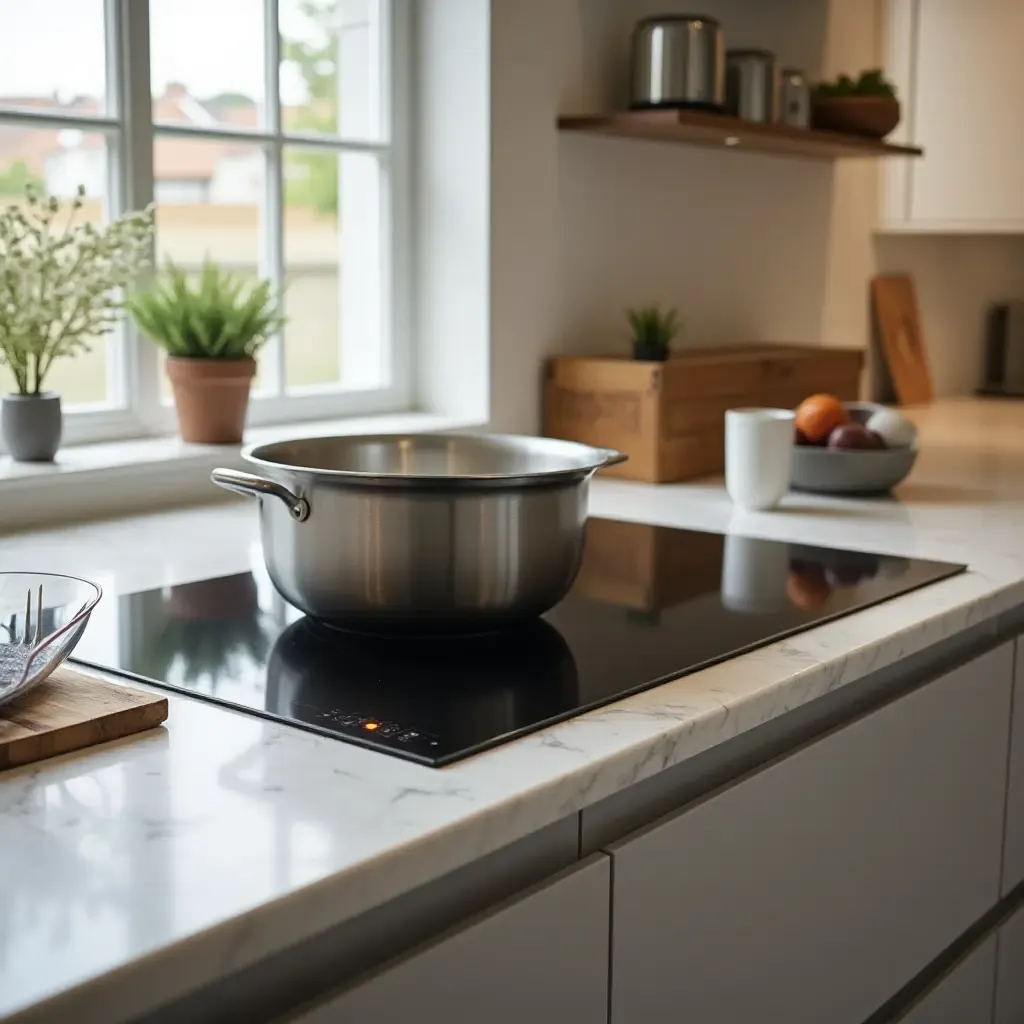 a photo of a countertop with a sleek, built-in induction cooktop and accessories