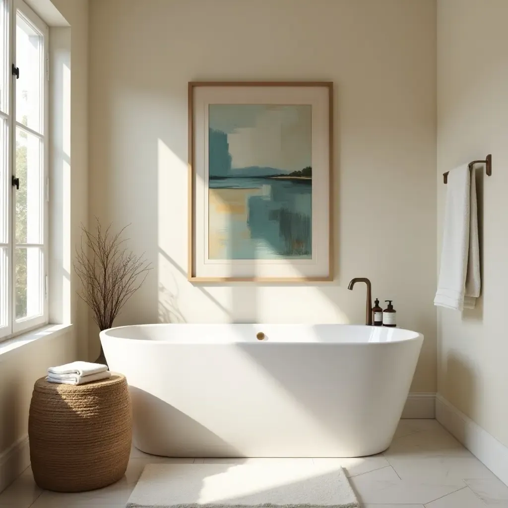 a photo of a spa-like bathroom featuring vintage art and minimalist design