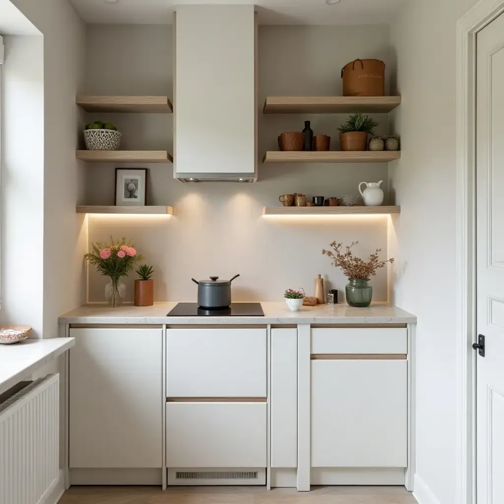 a photo of a small kitchen with chic decor and smart storage solutions