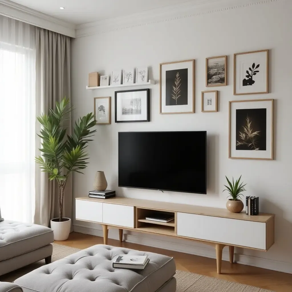 a photo of a small living room with a creative gallery wall featuring a TV