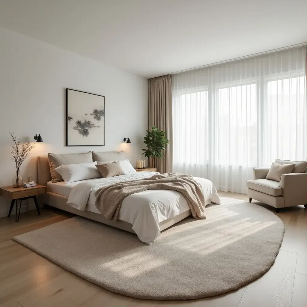 a photo of a chic, oversized rug in a modern bedroom layout