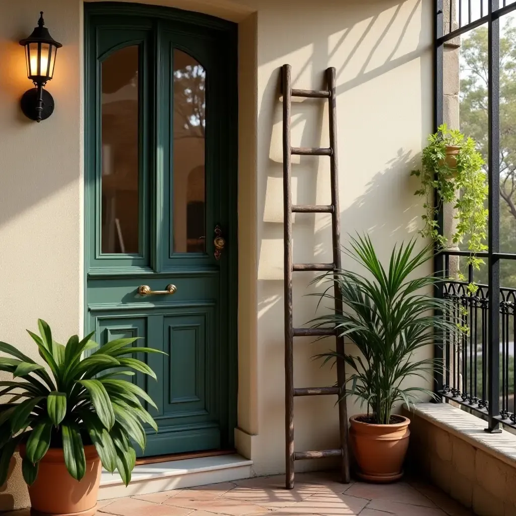 a photo of a balcony with a vintage ladder used for decor