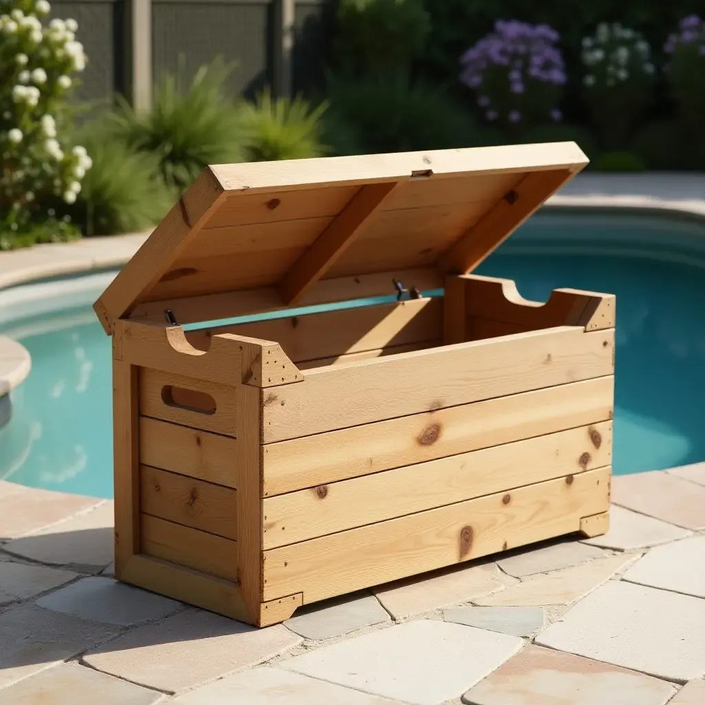 a photo of a wooden crate used for poolside storage