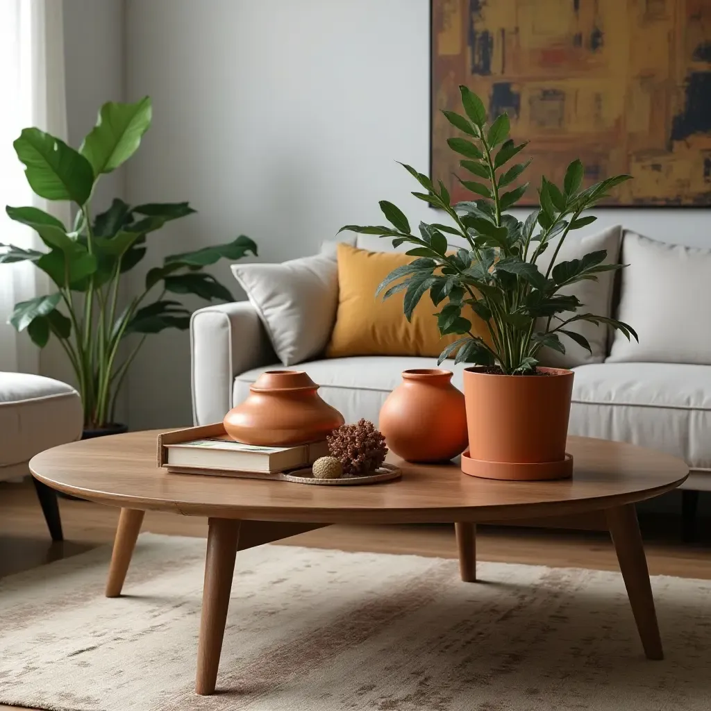 a photo of a stylish coffee table decorated with dark green plants and burnt orange decor