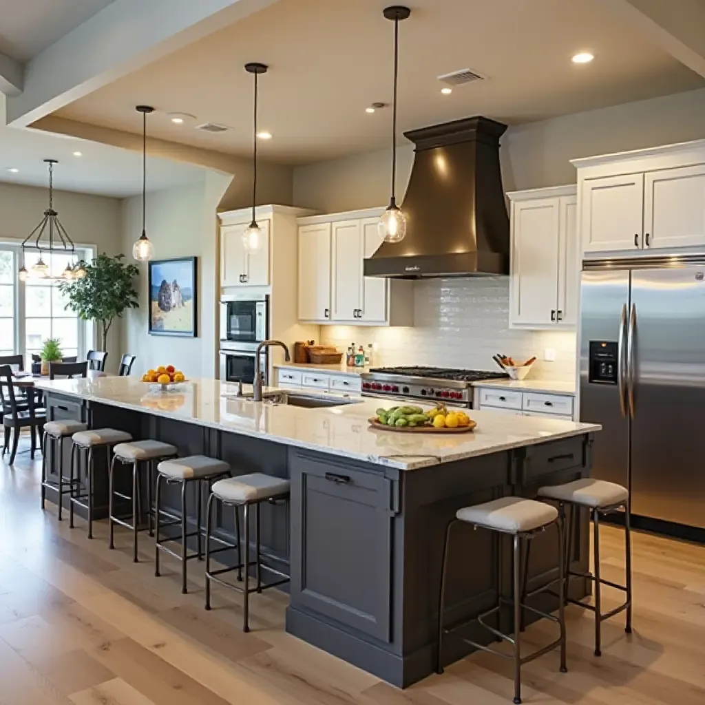 a photo of a gourmet kitchen with a large island and professional-grade appliances