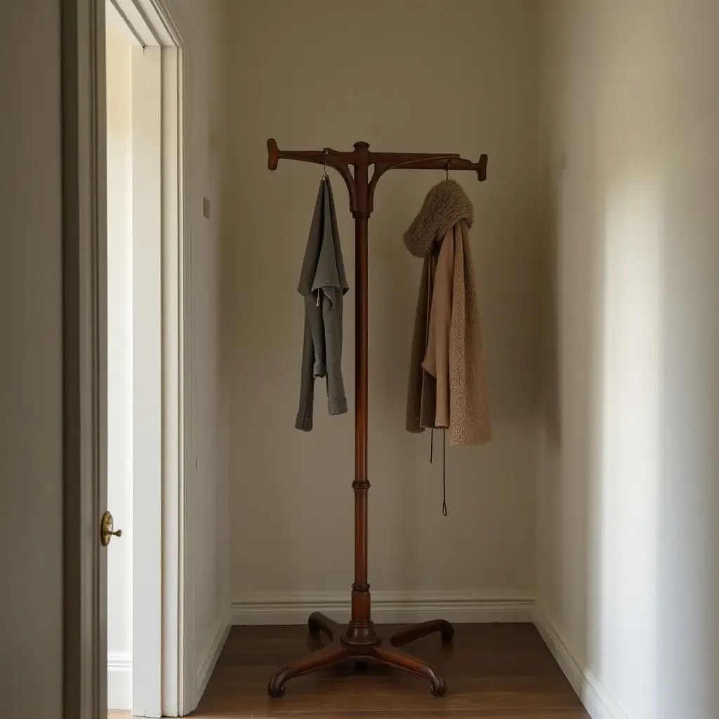 a photo of a charming old-fashioned coat rack in a narrow corridor