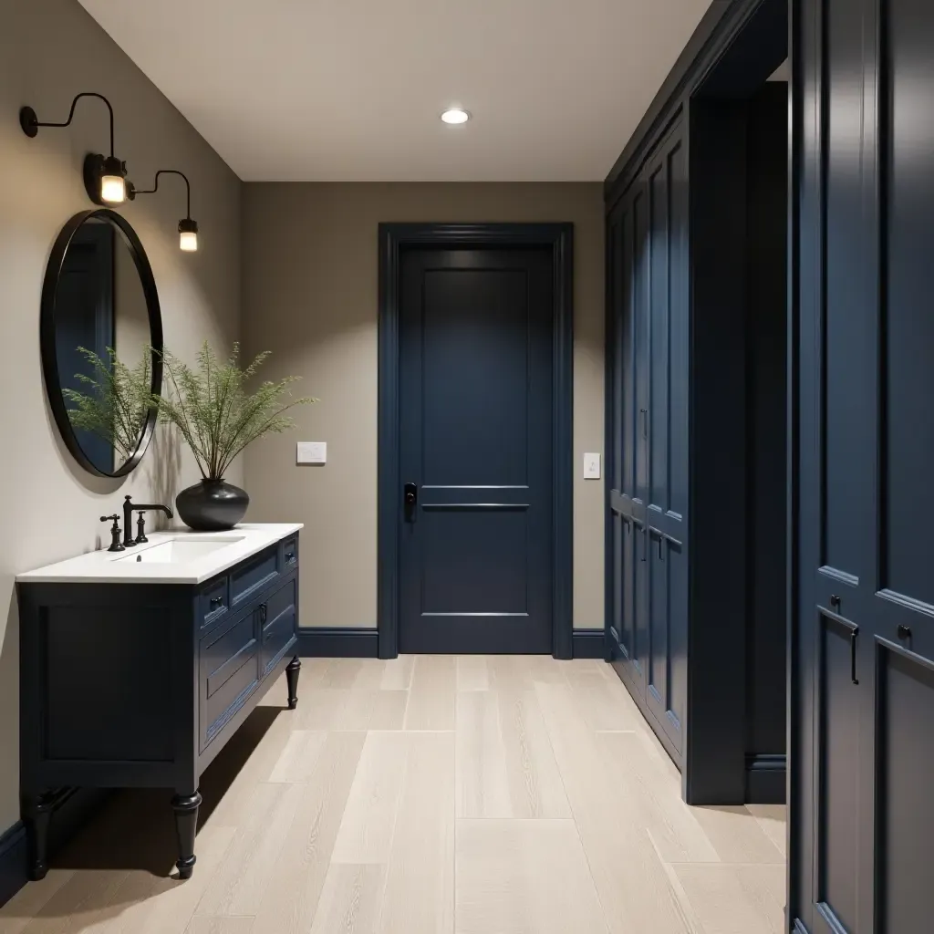 a photo of a sophisticated taupe and navy blue hallway