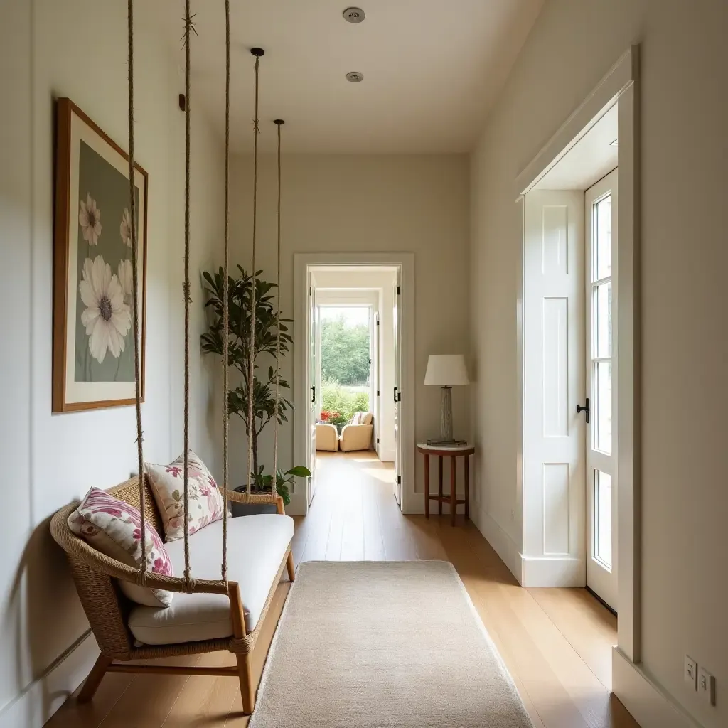 a photo of a charming corridor with a cushioned swing and decor