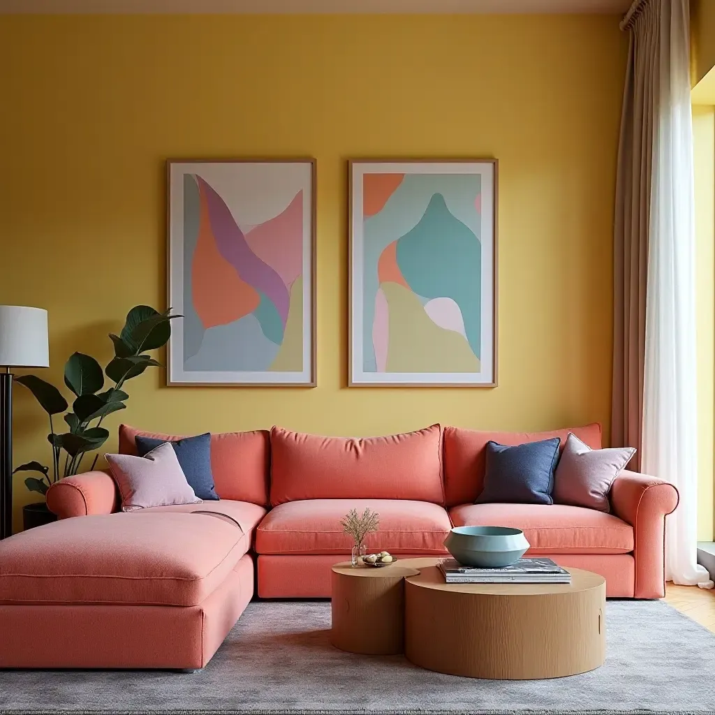 a photo of a vibrant living room featuring a sectional sofa and coffee table