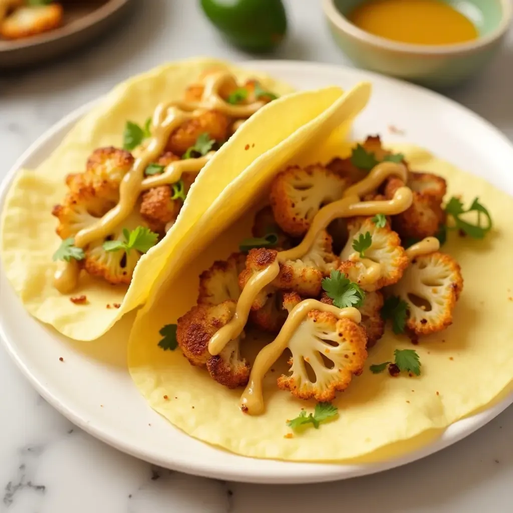 a photo of a taco featuring roasted cauliflower and tahini drizzle