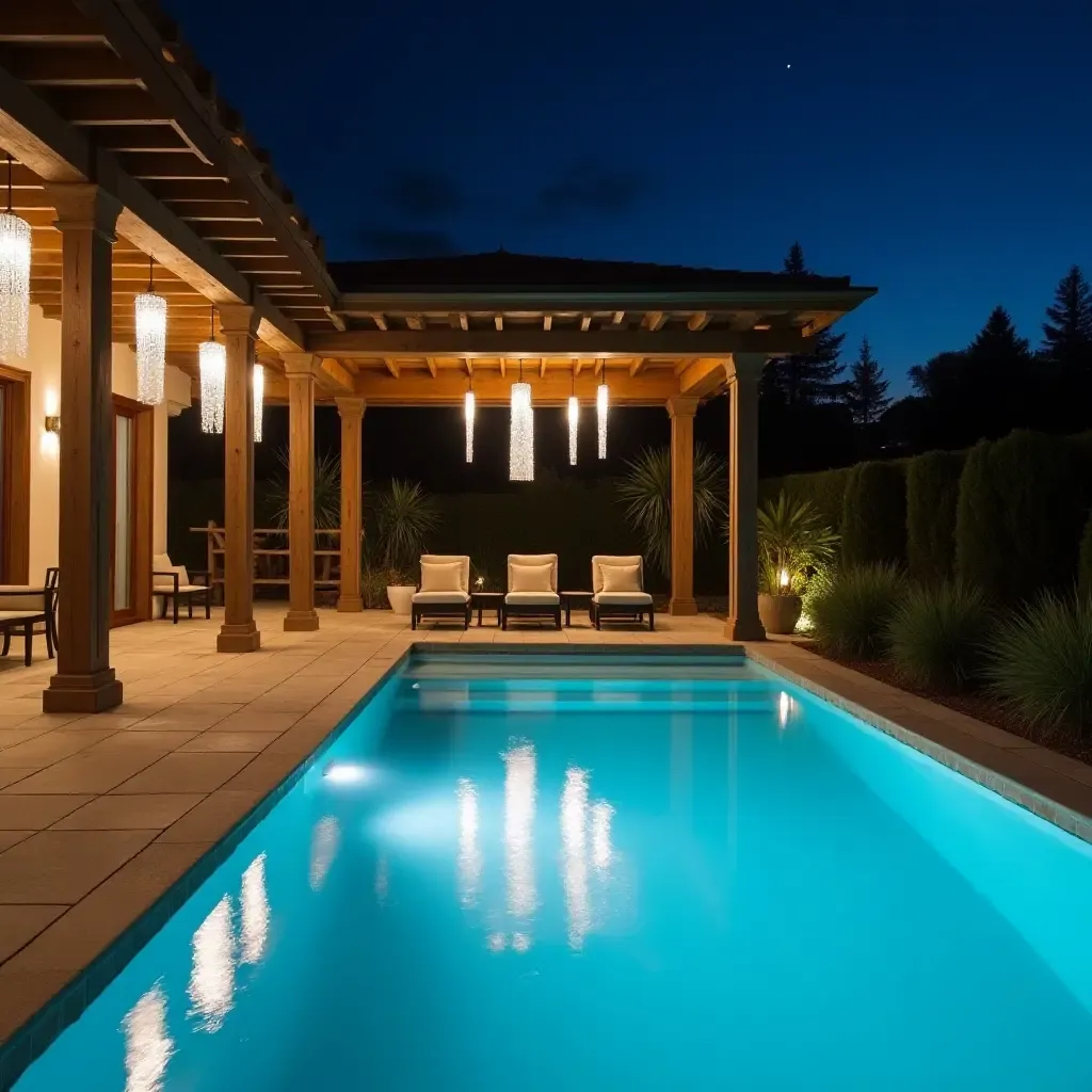 a photo of a glamorous pool setting with crystal pendant lights