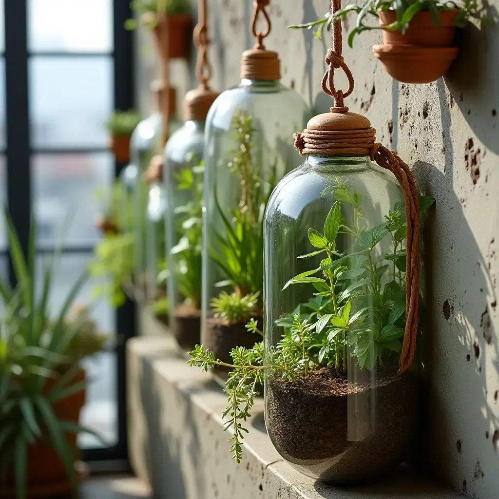 a photo of a balcony with a wall of hanging glass terrariums