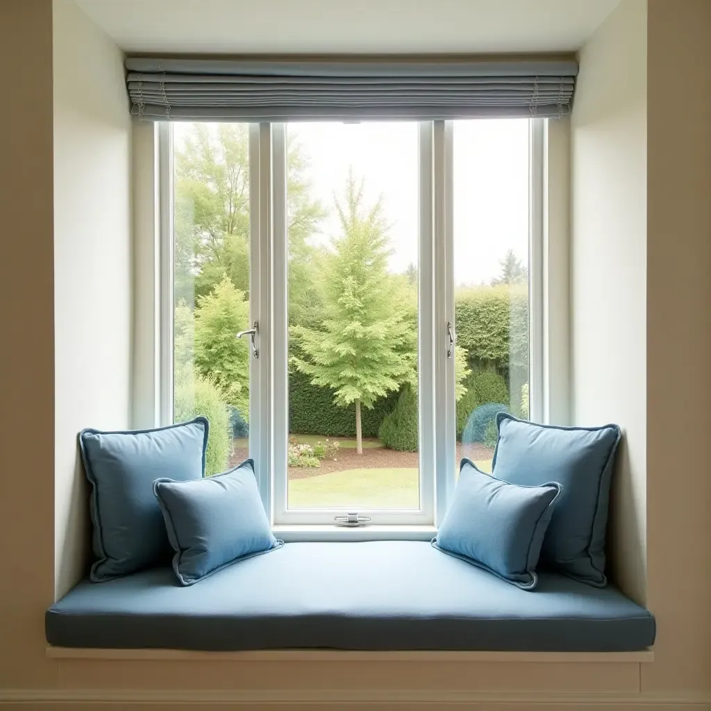 a photo of a cream and blue window seat with cushions and a view of the garden