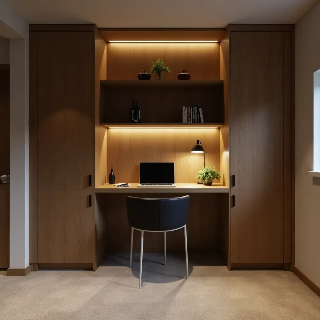 a photo of a modern basement with a hidden desk for storage