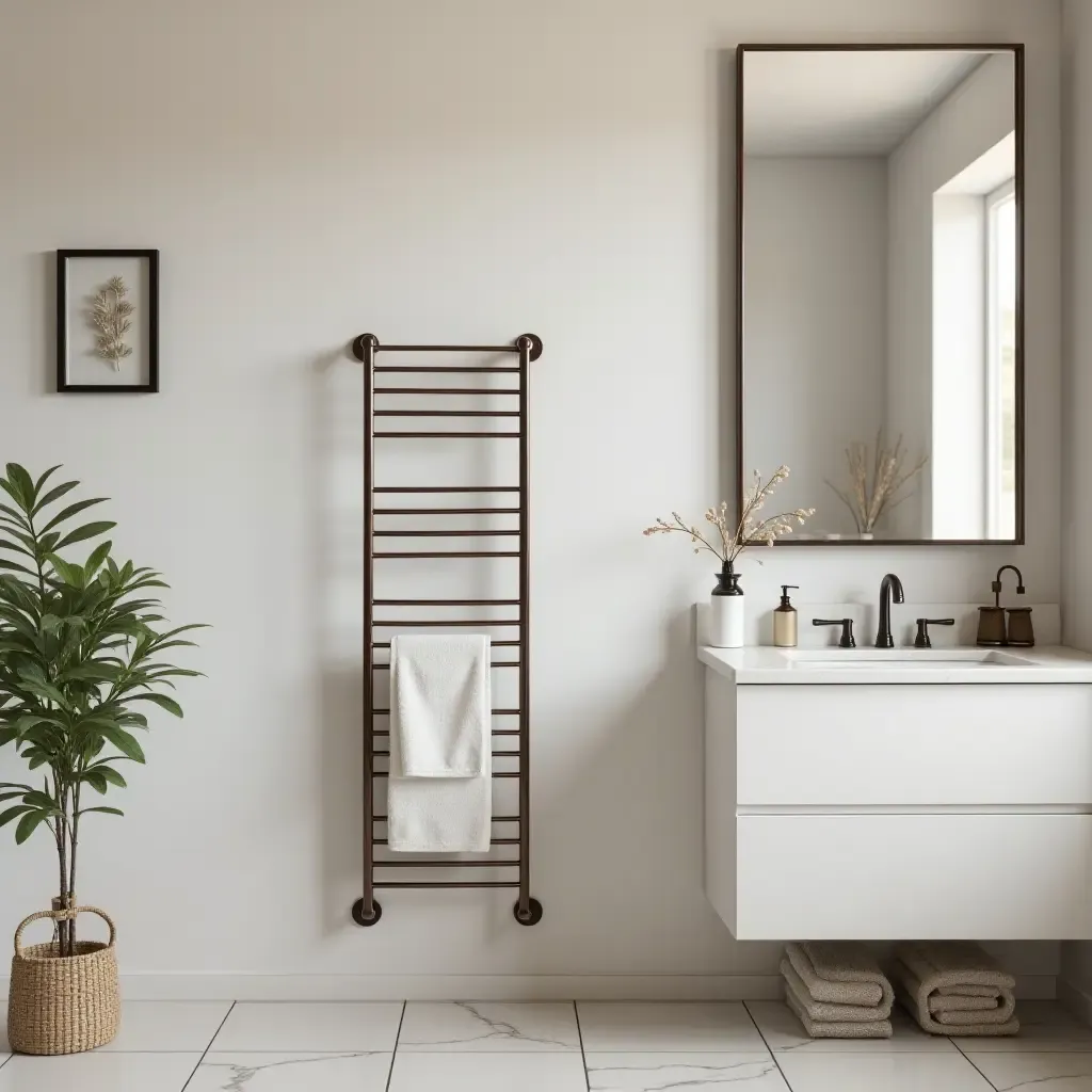 a photo of a contemporary bathroom with bronze towel racks and accessories