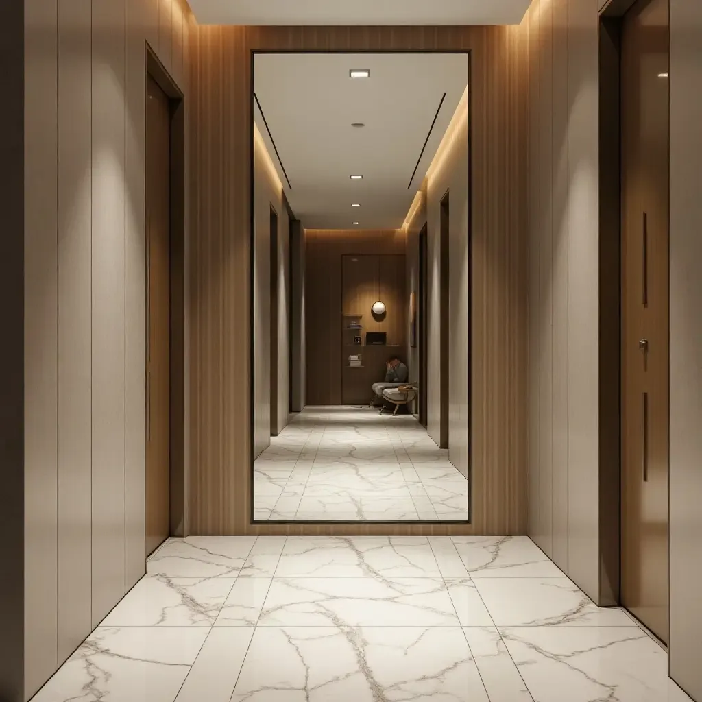 a photo of a stylish mirror reflecting a glamorous hallway