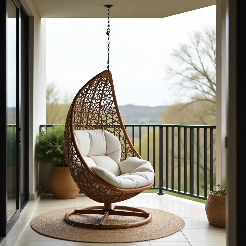 a photo of a chic egg-shaped hanging chair in a serene balcony setting