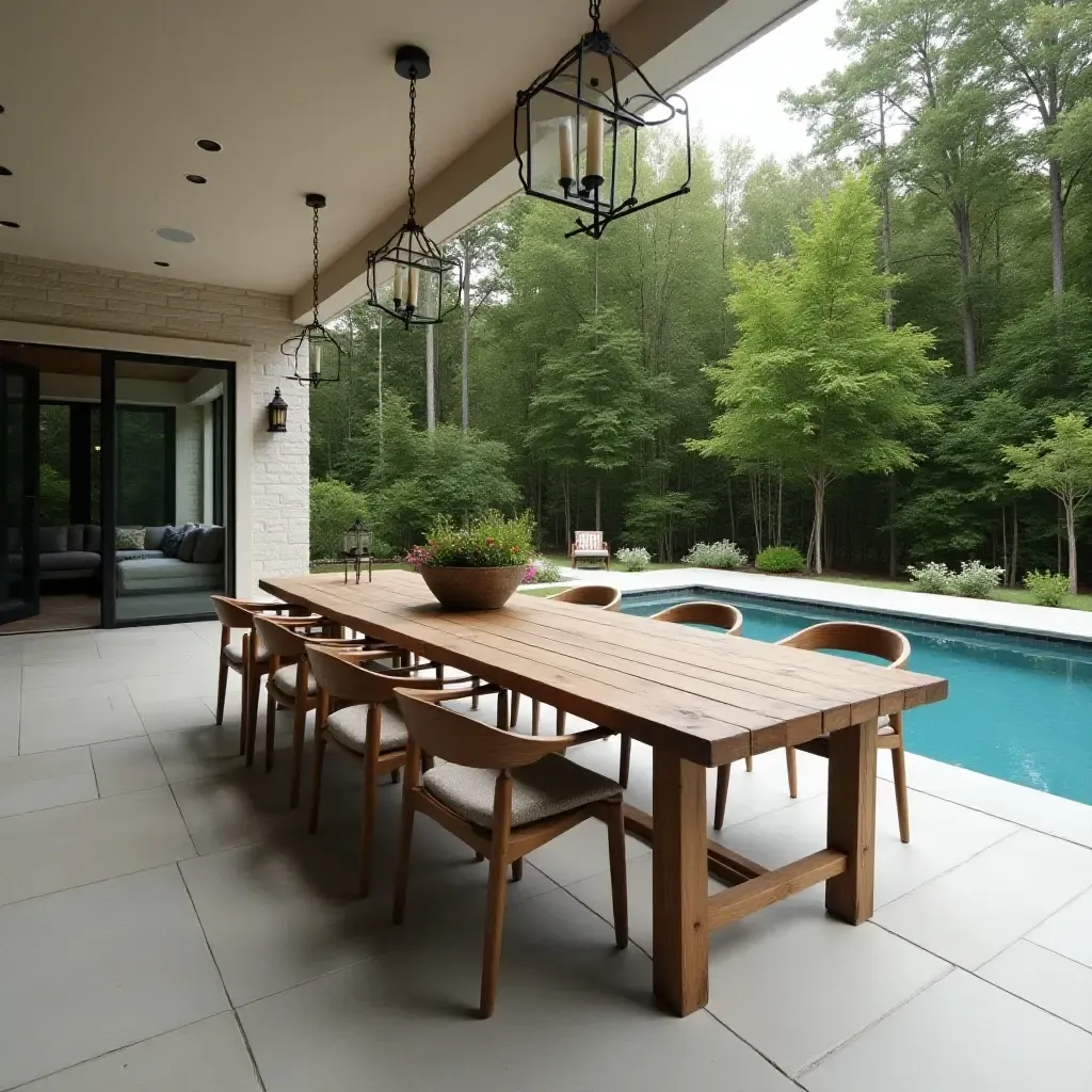 a photo of an inviting pool area with a farmhouse table set for outdoor dining